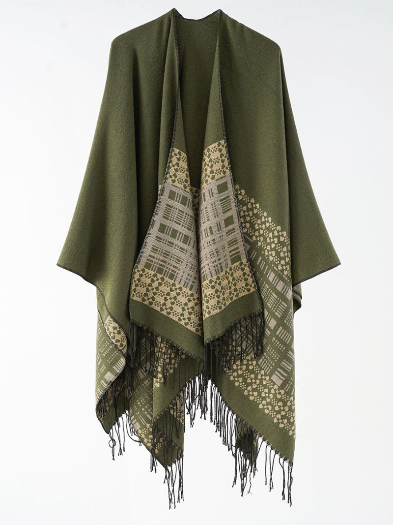 Dames Geruite Poncho Lente Herfst Dagelijks Casual Met Franje - Huntergroen