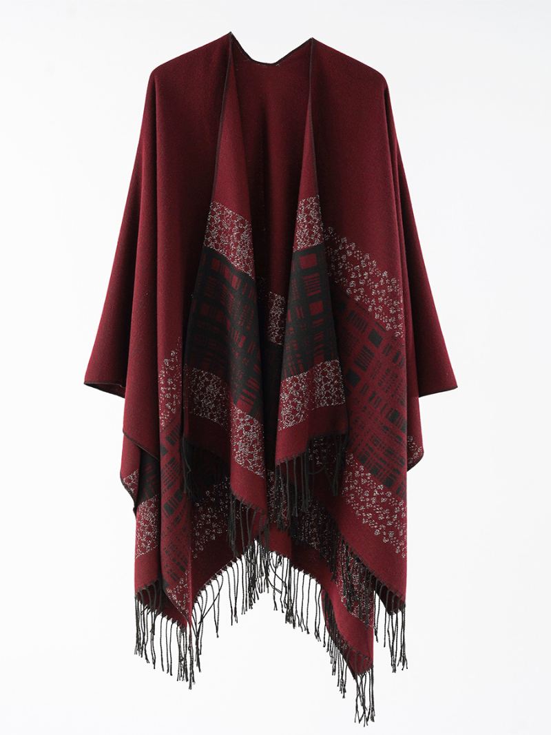 Dames Geruite Poncho Lente Herfst Dagelijks Casual Met Franje - Bordeauxrood