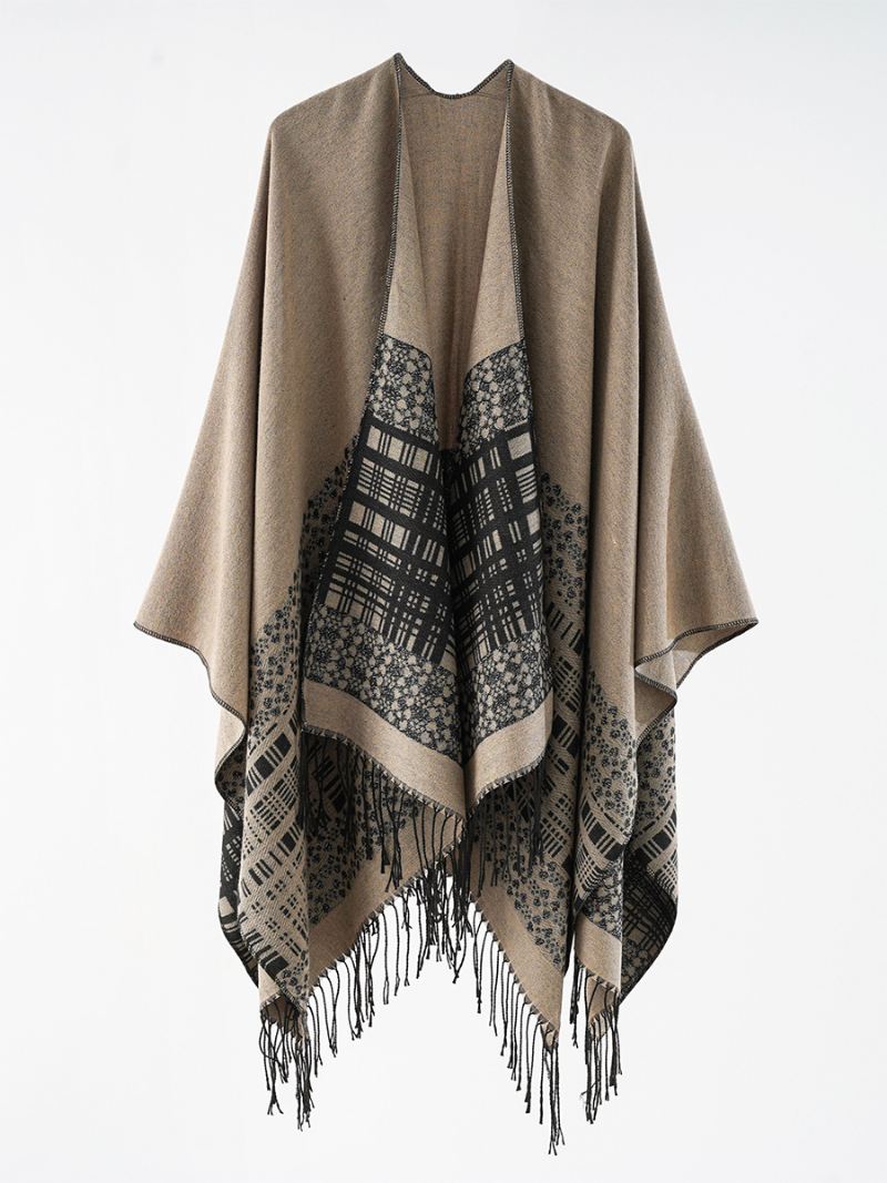 Dames Geruite Poncho Lente Herfst Dagelijks Casual Met Franje - Kaki