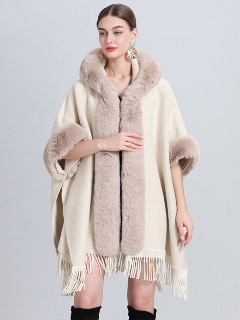 Dames Kerstcape Jas Met Capuchon Geruite Franje Winterponcho Bovenkleding