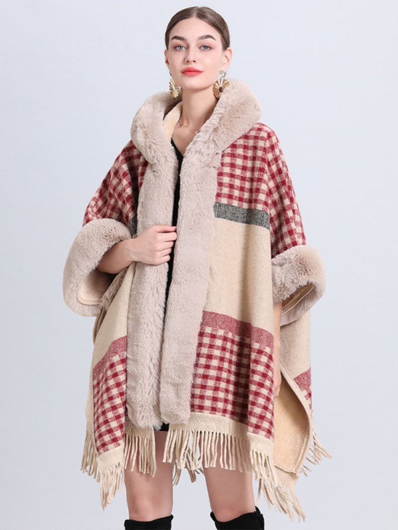 Dames Kerstcape Jas Met Capuchon Geruite Franje Winterponcho Bovenkleding - Rood