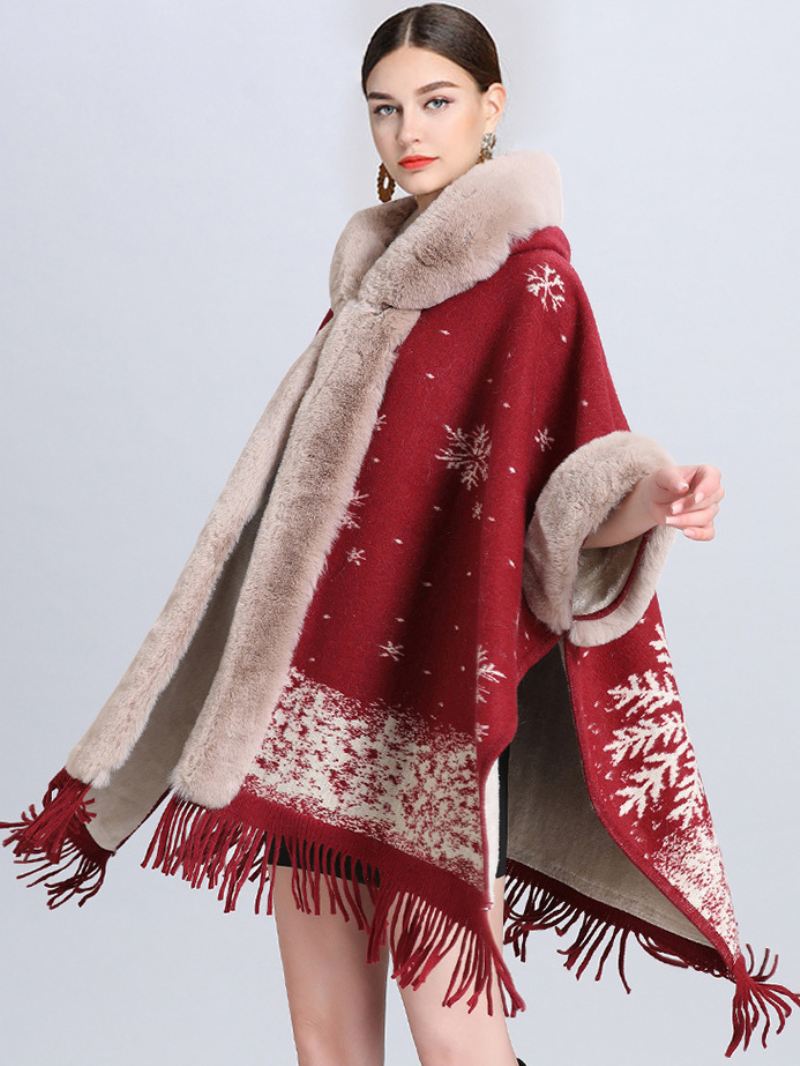 Dames Kerstcape Jas Met Capuchon Geruite Franje Winterponcho Bovenkleding - Donkerrood