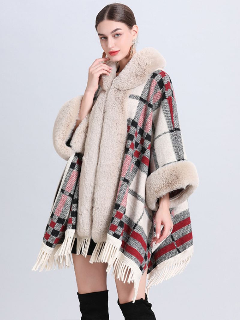 Dames Kerstcape Jas Met Capuchon Geruite Franje Winterponcho Bovenkleding - Grijs