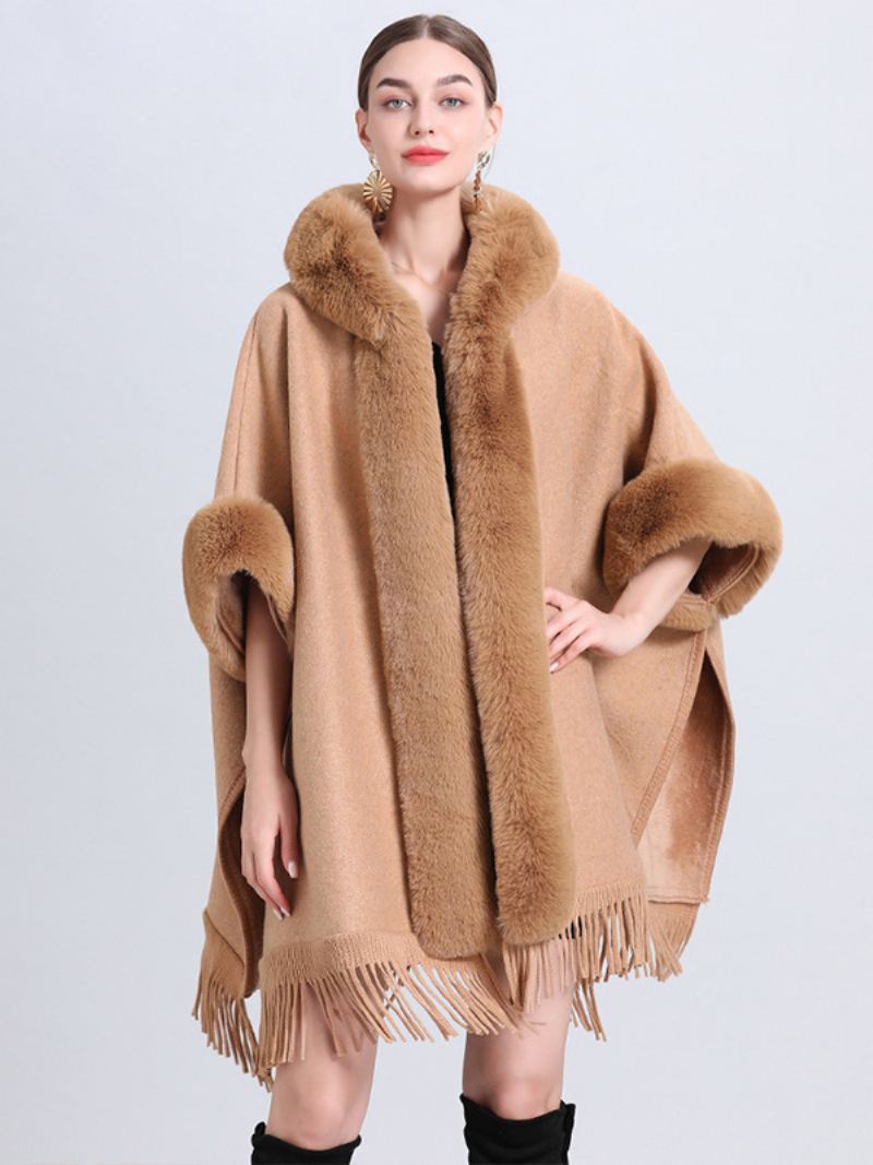 Dames Kerstcape Jas Met Capuchon Geruite Franje Winterponcho Bovenkleding - Camel