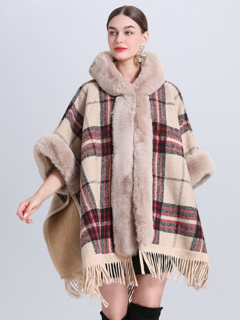 Dames Kerstcape Jas Met Capuchon Geruite Franje Winterponcho Bovenkleding - Beige