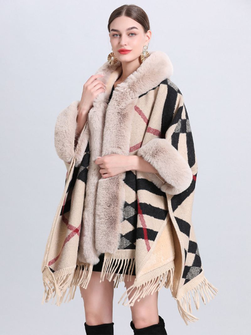 Dames Kerstcape Jas Met Capuchon Geruite Franje Winterponcho Bovenkleding - Zwart