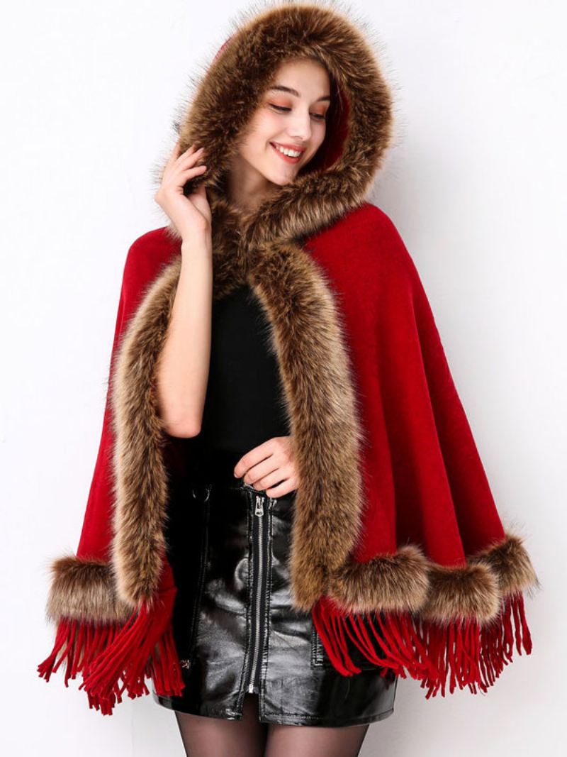 Dames Kerstponcho Capuchon Fringe Cape Winterbovenkleding