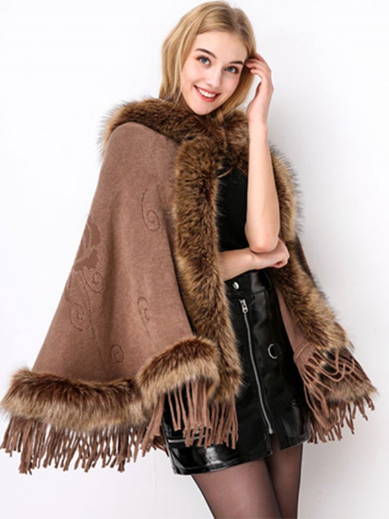 Dames Kerstponcho Capuchon Fringe Cape Winterbovenkleding - Kaki