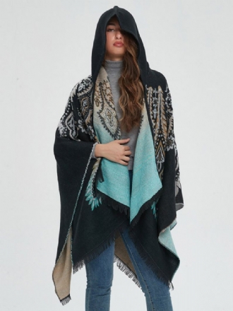 Dames Poncho Bedrukte Rode Oversized Franje Cape Met Capuchon