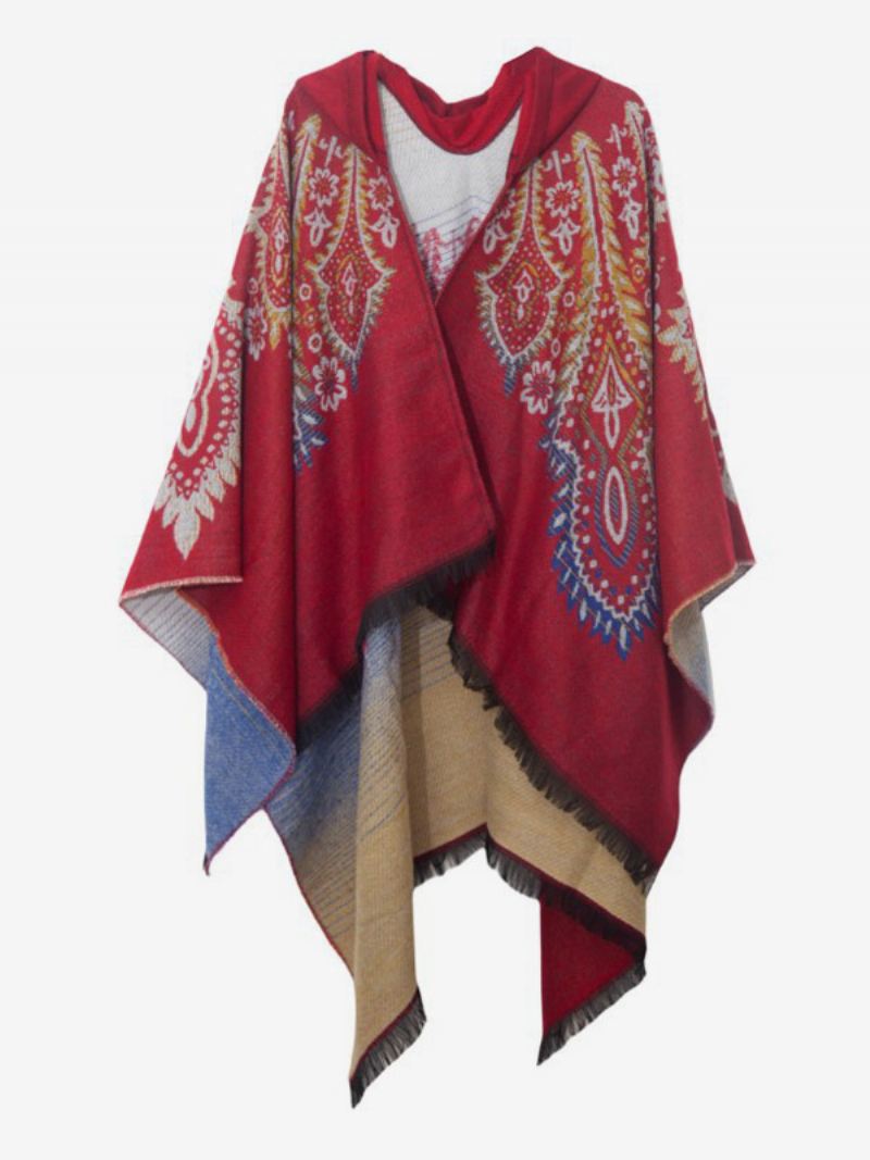 Dames Poncho Bedrukte Rode Oversized Franje Cape Met Capuchon - Rood