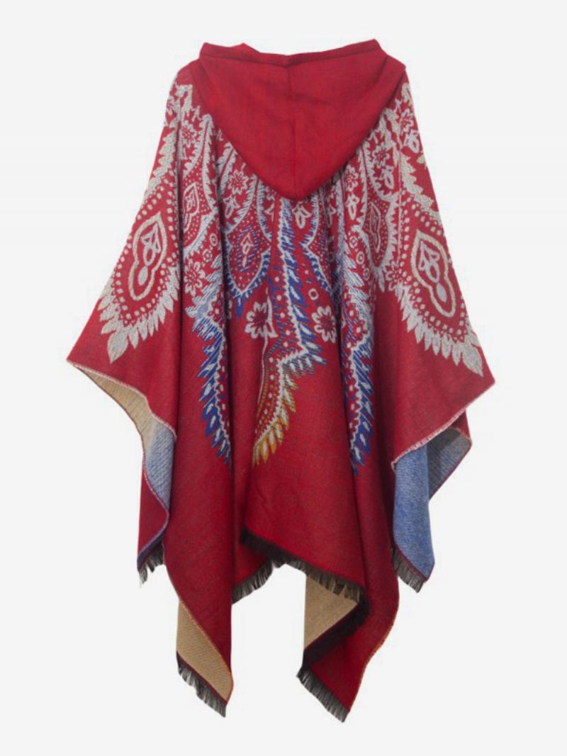 Dames Poncho Bedrukte Rode Oversized Franje Cape Met Capuchon - Rood