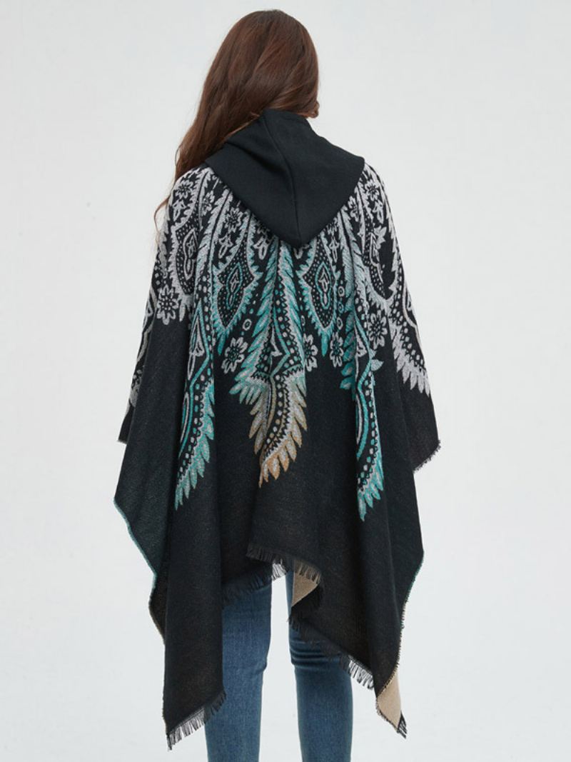 Dames Poncho Bedrukte Rode Oversized Franje Cape Met Capuchon - Zwart