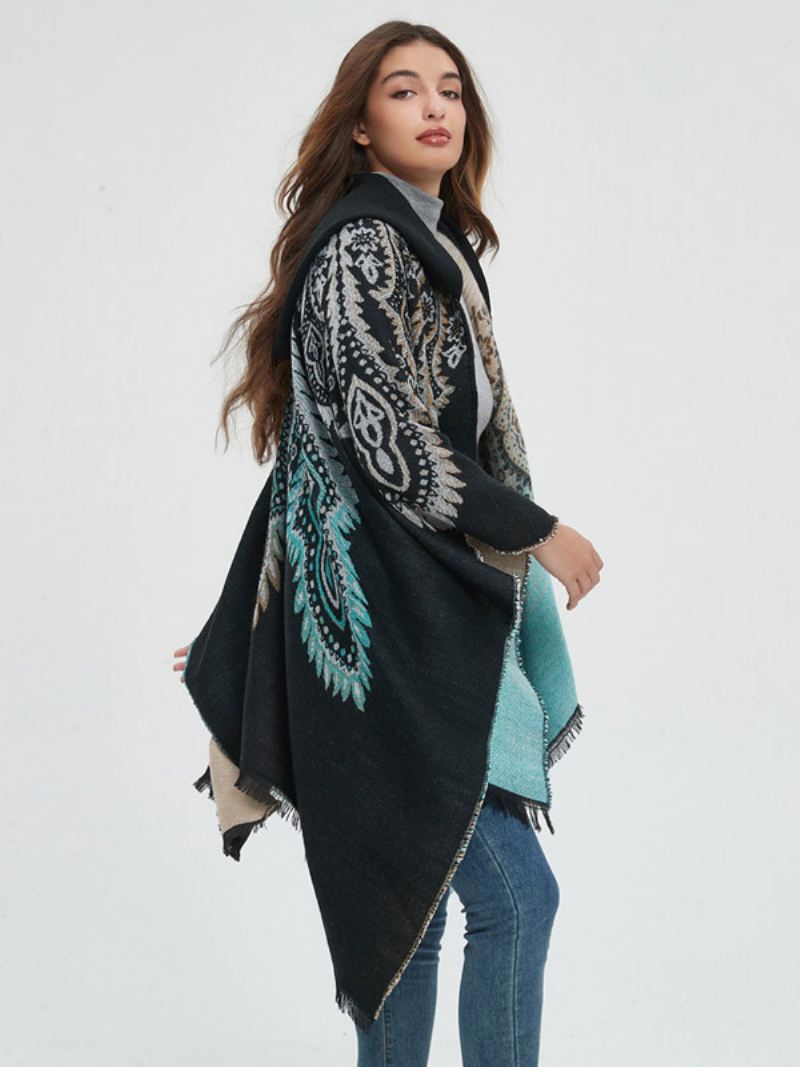 Dames Poncho Bedrukte Rode Oversized Franje Cape Met Capuchon - Zwart