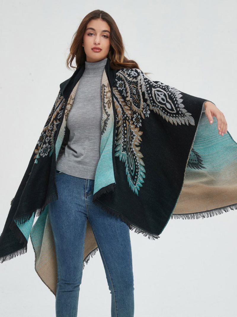 Dames Poncho Bedrukte Rode Oversized Franje Cape Met Capuchon - Zwart