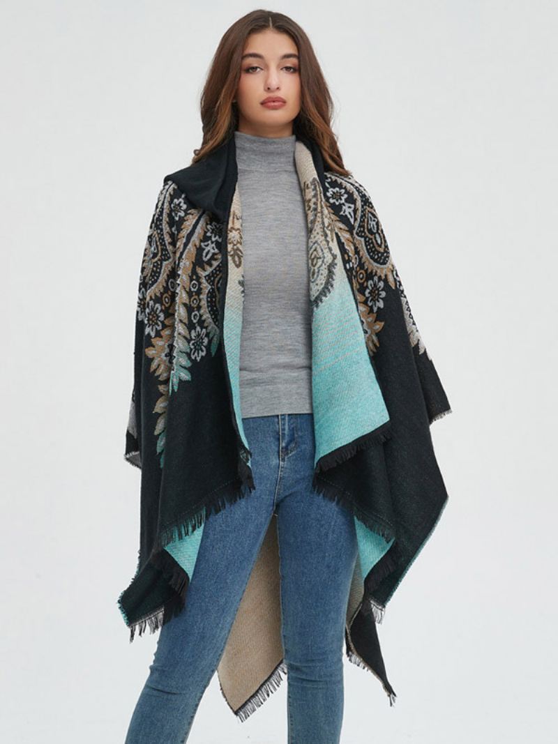 Dames Poncho Bedrukte Rode Oversized Franje Cape Met Capuchon - Zwart