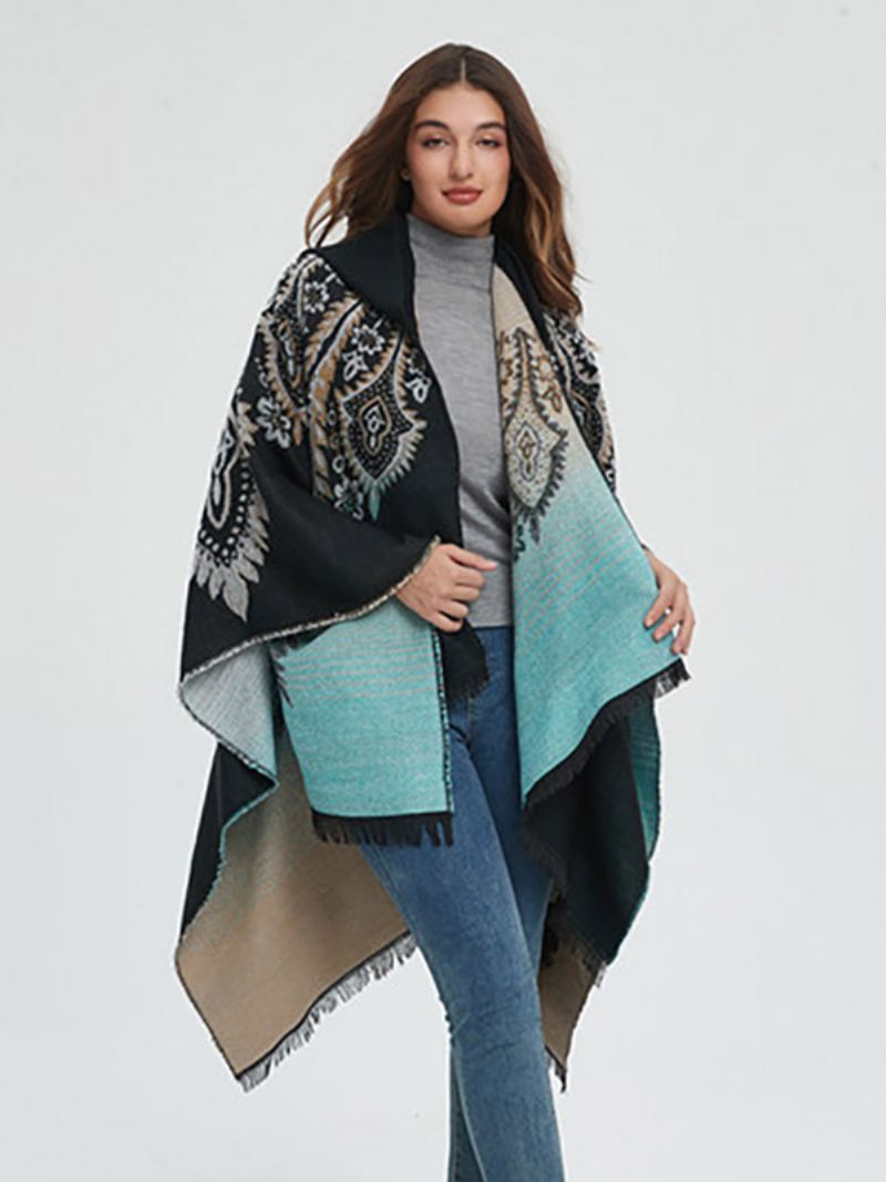 Dames Poncho Bedrukte Rode Oversized Franje Cape Met Capuchon - Zwart