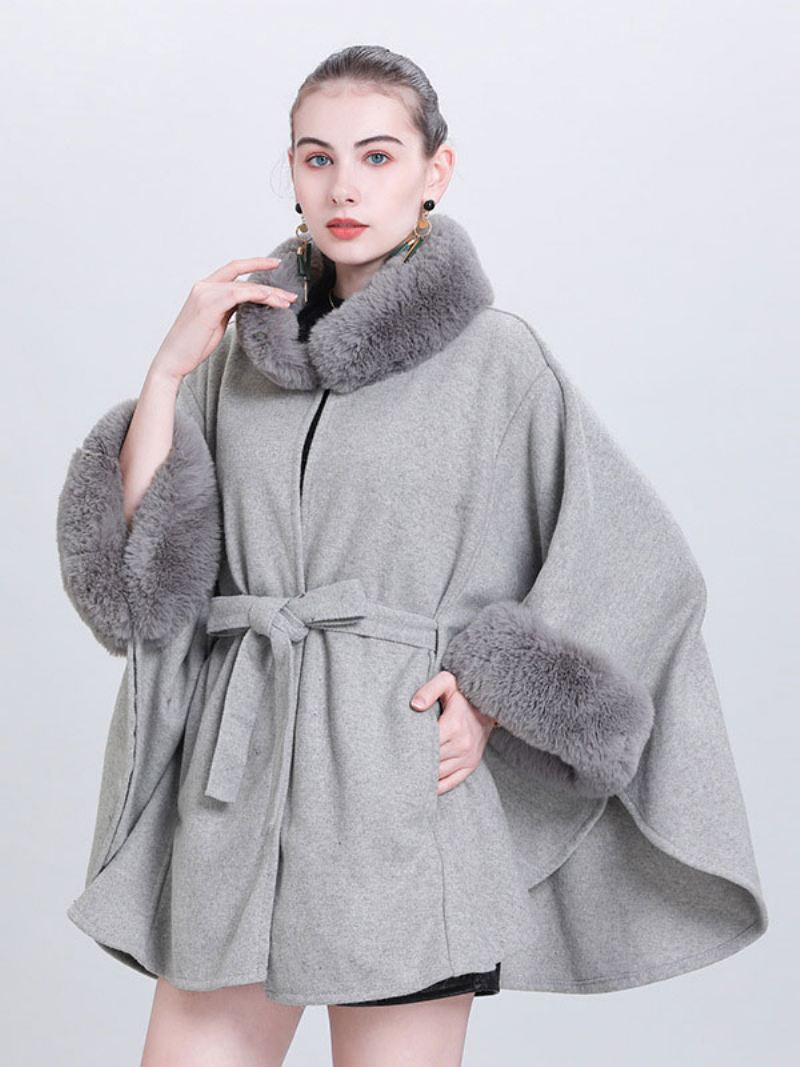 Dames Poncho Hoge Kraag Lichtgrijze Oversized Nepbont Cape