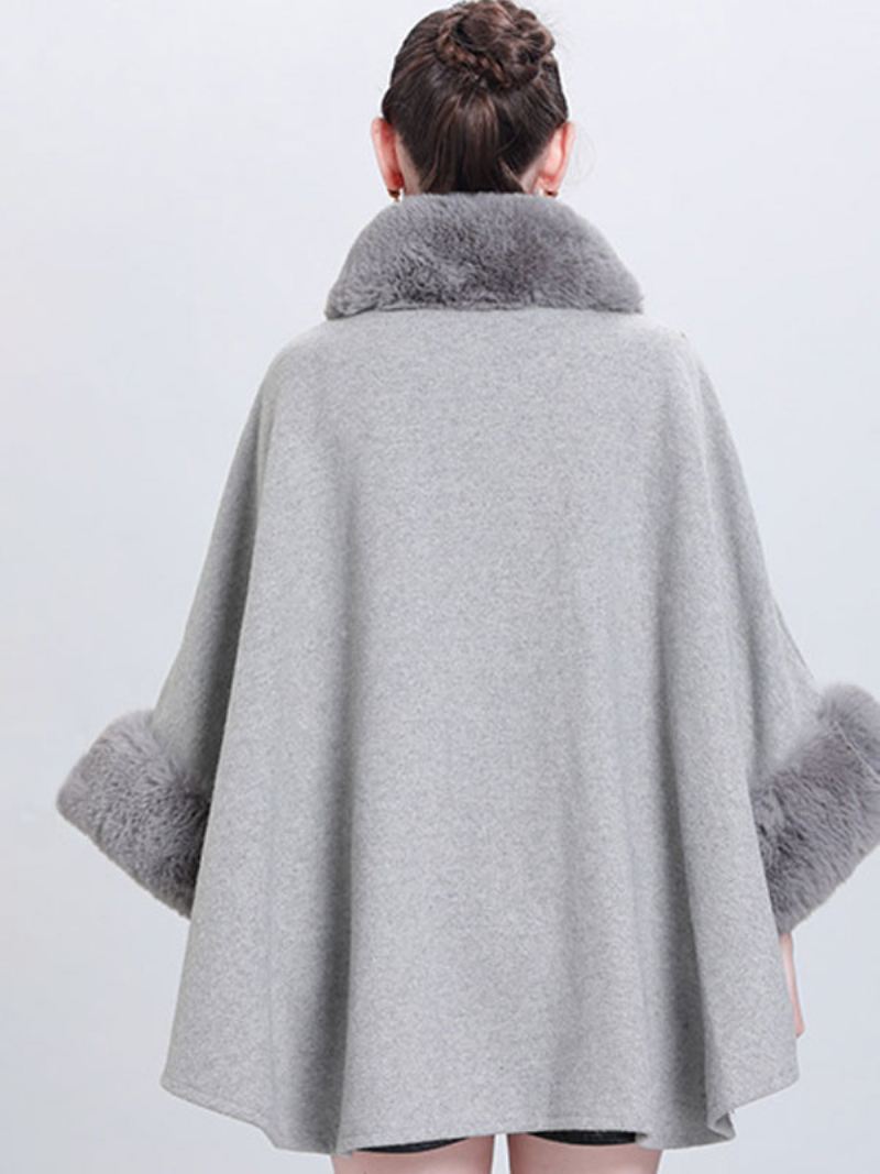 Dames Poncho Hoge Kraag Lichtgrijze Oversized Nepbont Cape - Lichtgrijs