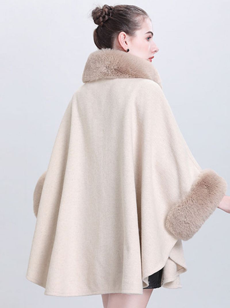 Dames Poncho Hoge Kraag Lichtgrijze Oversized Nepbont Cape - Beige