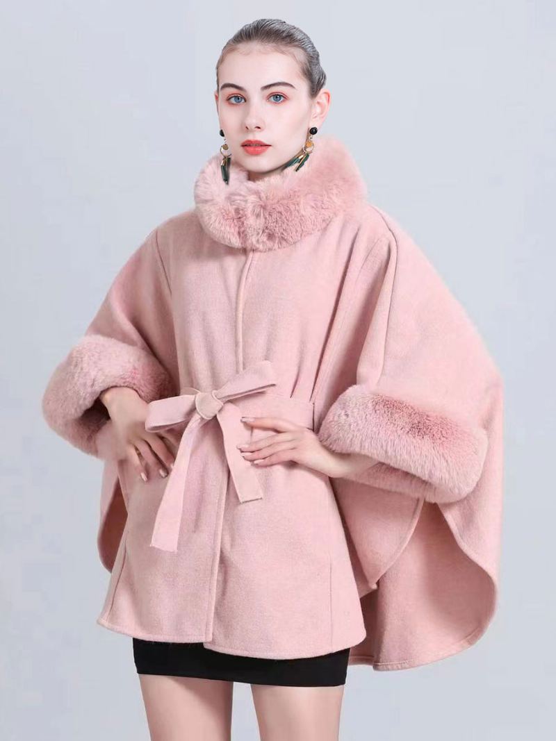 Dames Poncho Hoge Kraag Lichtgrijze Oversized Nepbont Cape - Roze