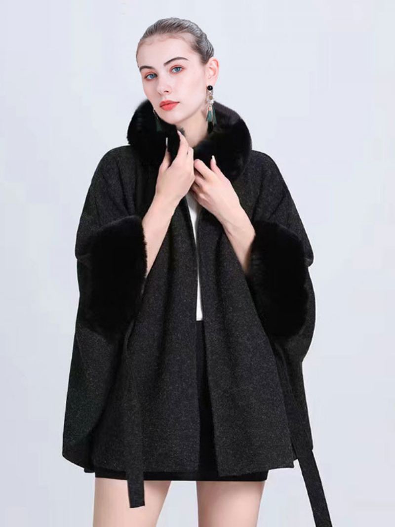 Dames Poncho Hoge Kraag Lichtgrijze Oversized Nepbont Cape - Zwart