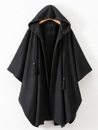 Dames Poncho Met Capuchon Zwarte Oversized Kwastjes Cape