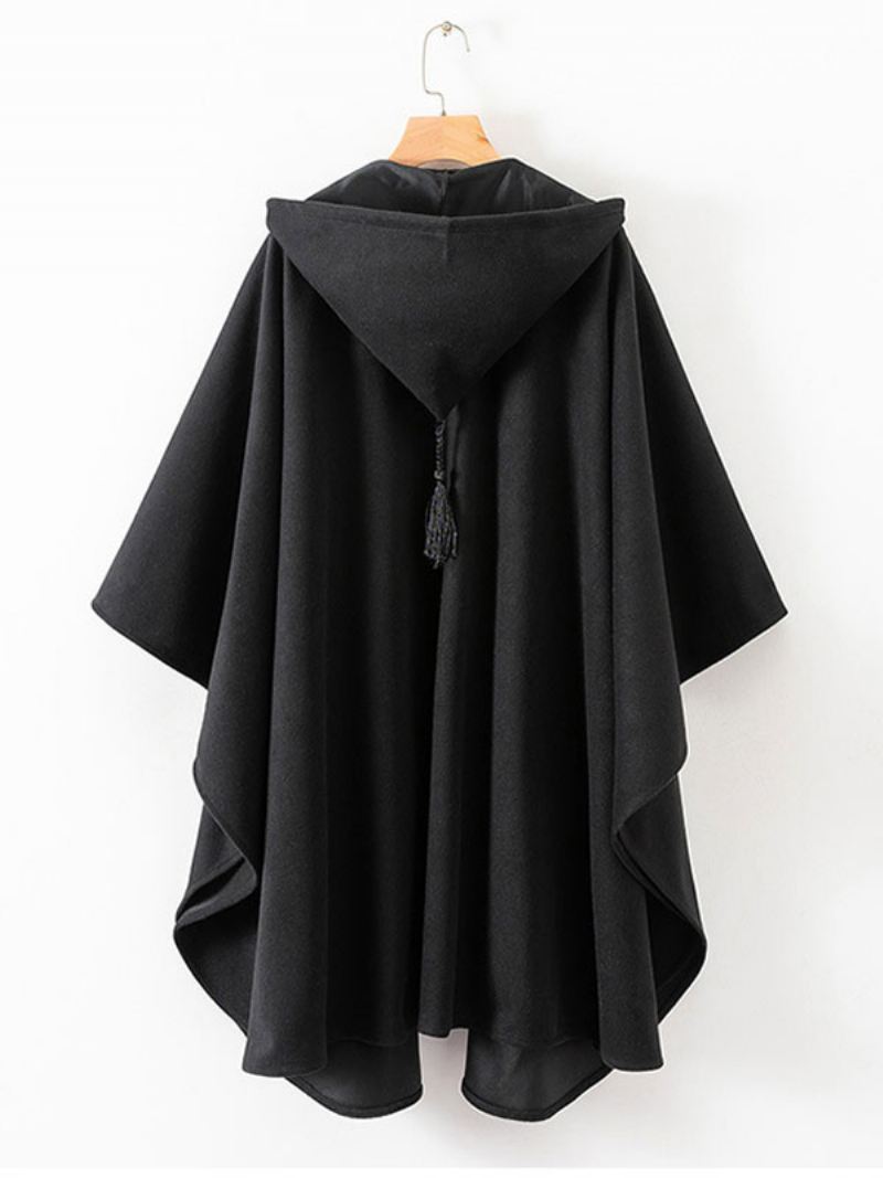 Dames Poncho Met Capuchon Zwarte Oversized Kwastjes Cape - Zwart