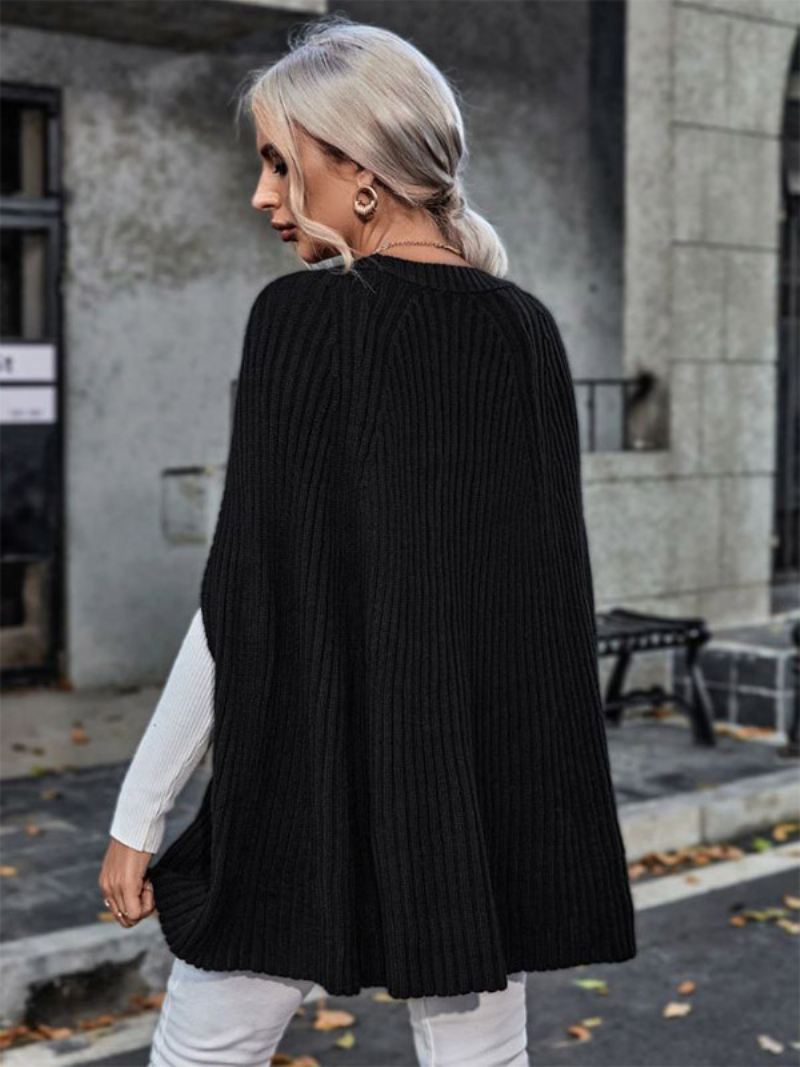 Damesgebreide Poncho Met Sieraadhals Zwart Herfst-voorjaarscape - Zwart