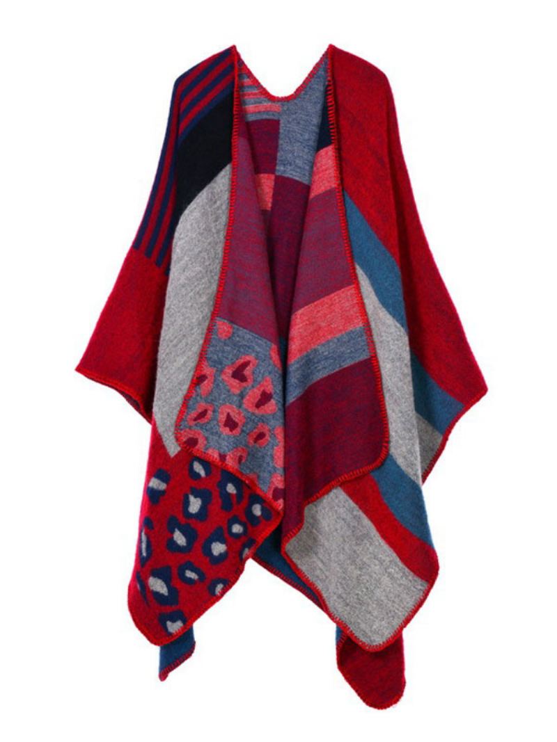 Damesponcho Kleurblok Zwarte Poncho Onregelmatige Warmtebehoud Oversized Biescape - Rood