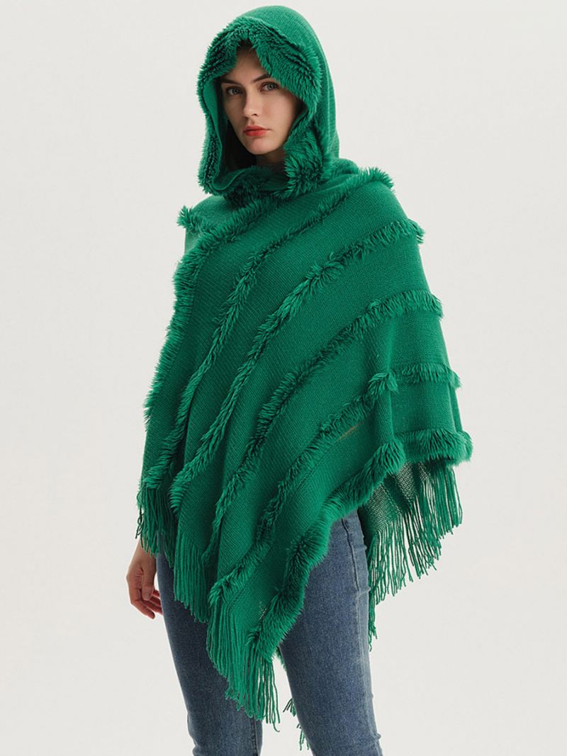 Damesponcho Met Capuchon Groene Oversized Franjecape