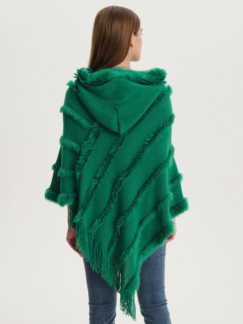 Damesponcho Met Capuchon Groene Oversized Franjecape - Groen