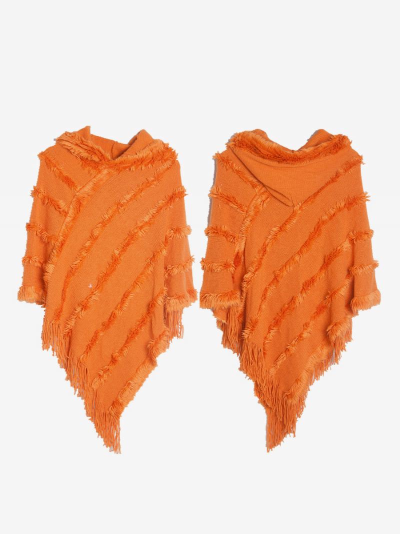 Damesponcho Met Capuchon Groene Oversized Franjecape - Oranje