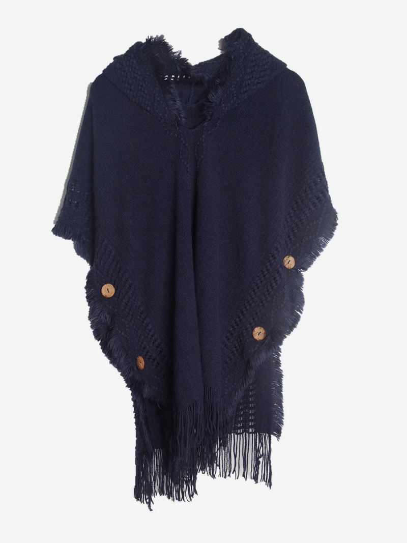 Damesponcho Met Capuchon Oversized Gebreide Cape Franjes - Donker Marineblauw