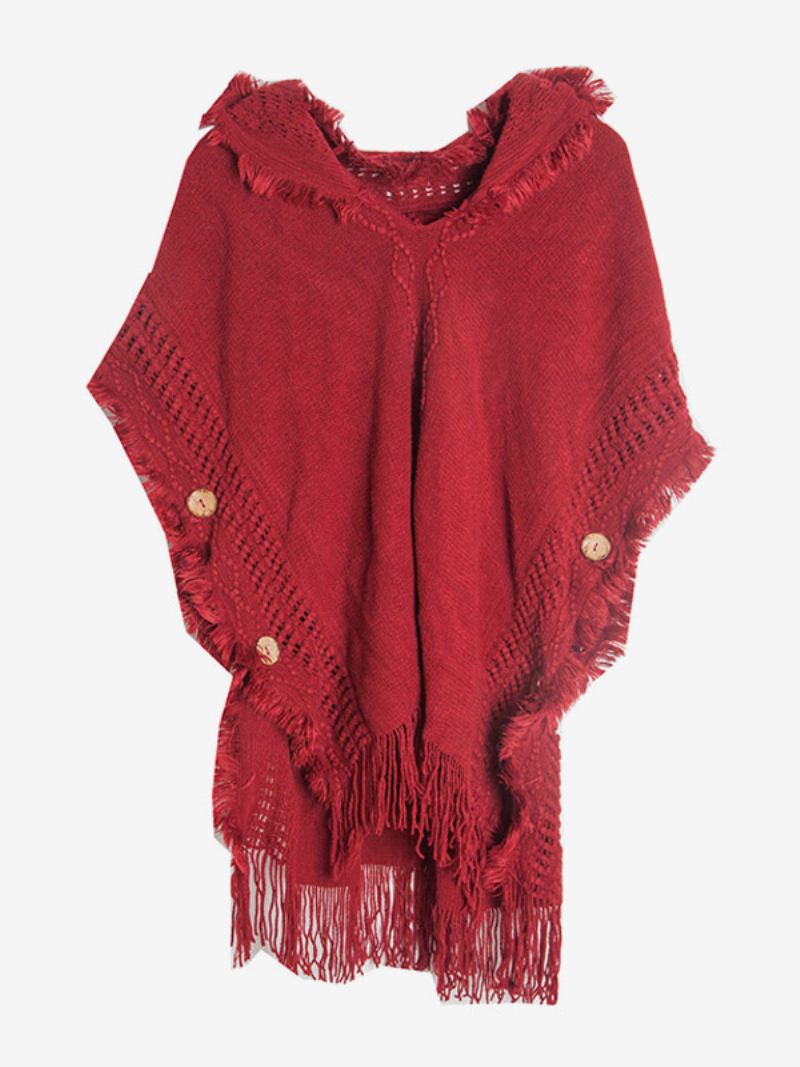 Damesponcho Met Capuchon Oversized Gebreide Cape Franjes - Rood