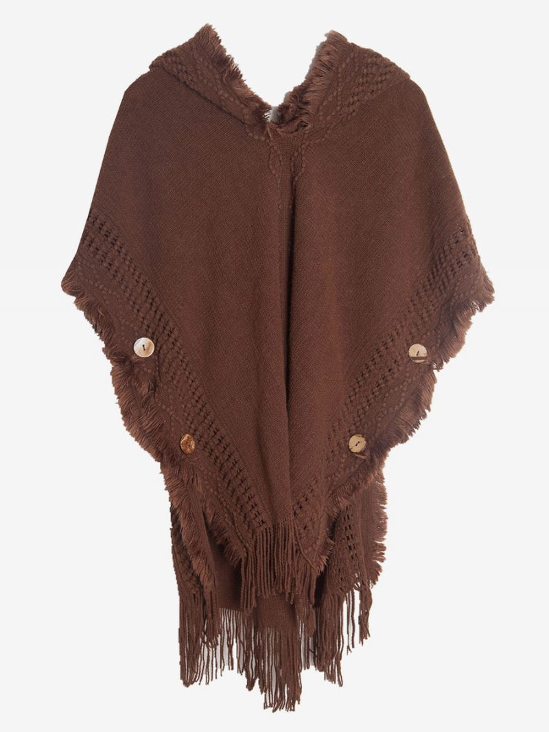 Damesponcho Met Capuchon Oversized Gebreide Cape Franjes - Koffiebruin