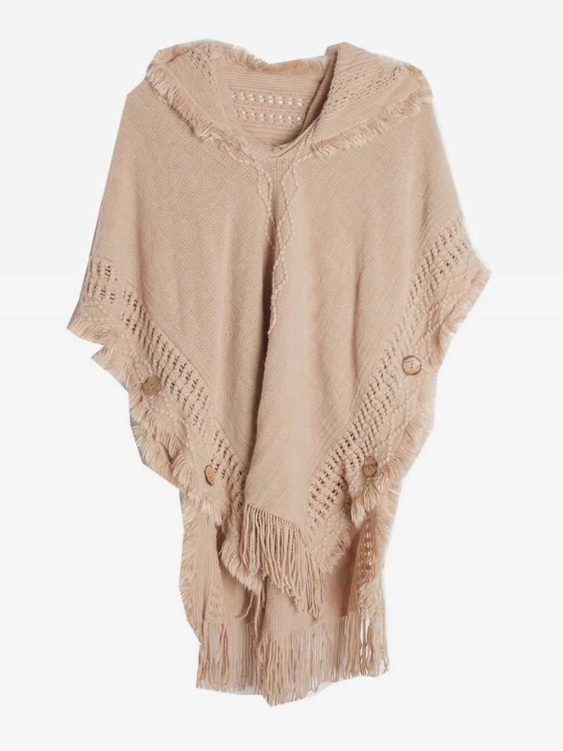 Damesponcho Met Capuchon Oversized Gebreide Cape Franjes - Camel