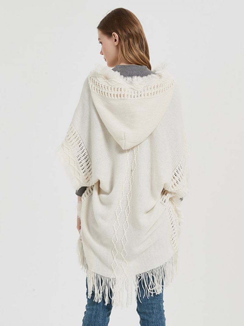 Damesponcho Met Capuchon Oversized Gebreide Cape Franjes - Beige