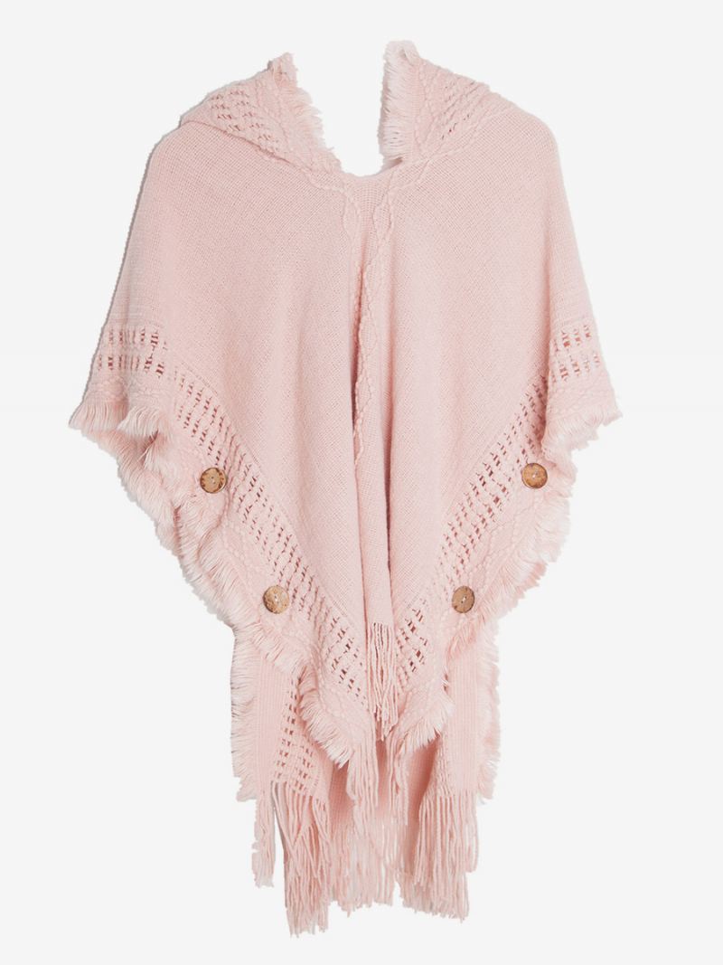 Damesponcho Met Capuchon Oversized Gebreide Cape Franjes - Roze