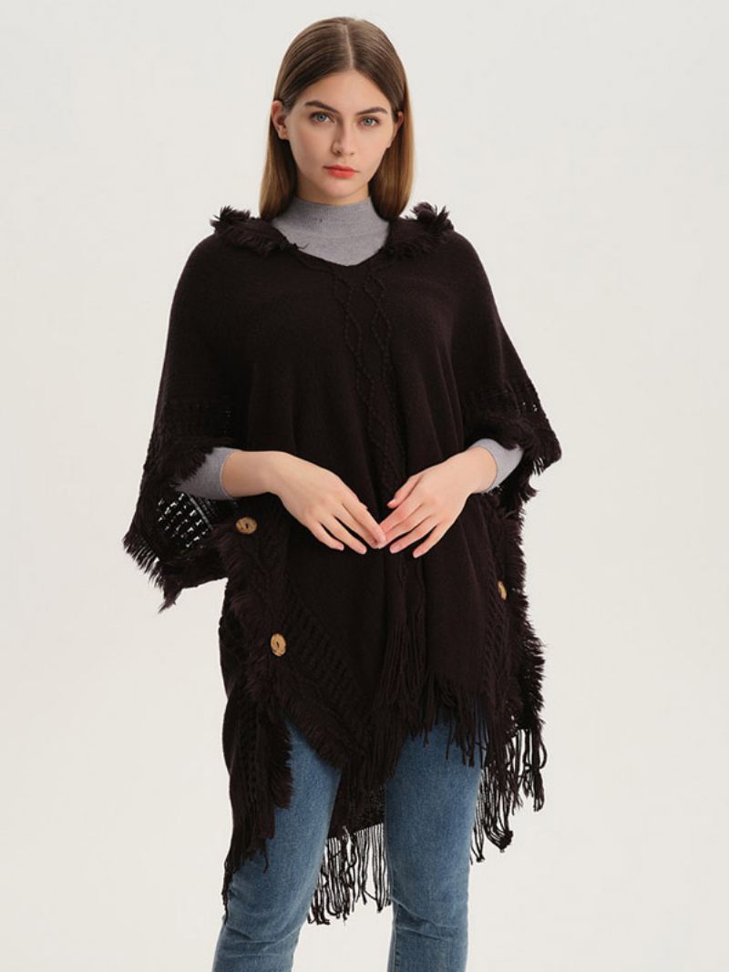 Damesponcho Met Capuchon Oversized Gebreide Cape Franjes - Zwart