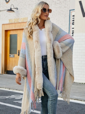 Damesponcho Met Capuchon Strepen Kwastjes Oversized Herfst-wintercape