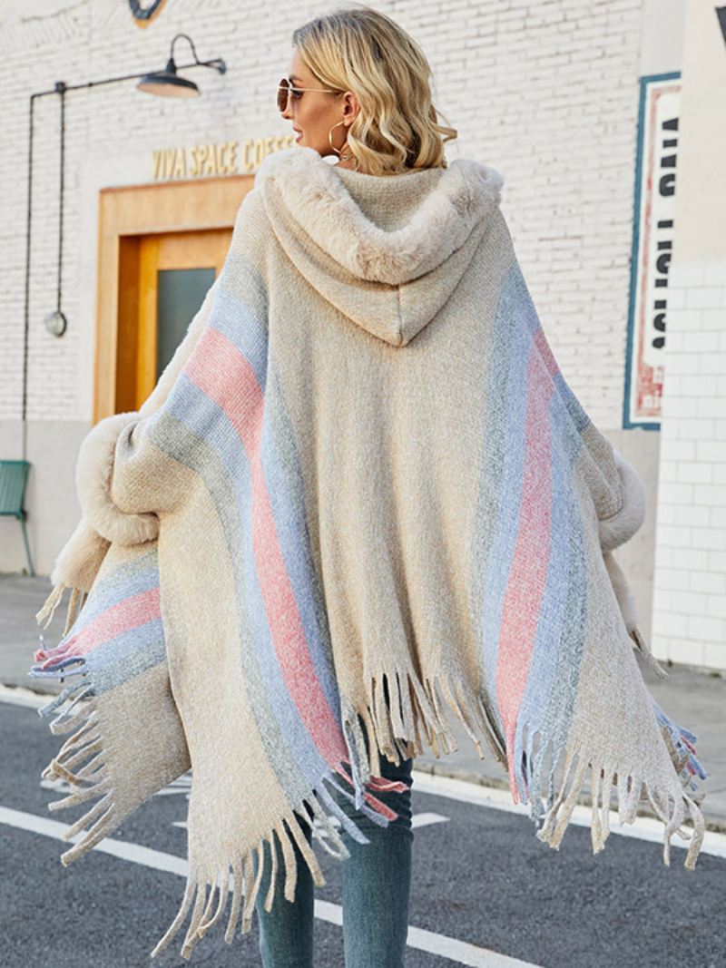 Damesponcho Met Capuchon Strepen Kwastjes Oversized Herfst-wintercape - Lichtgeel