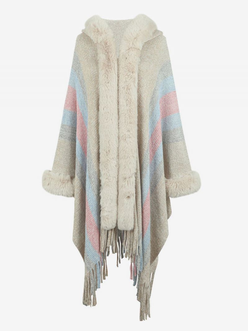 Damesponcho Met Capuchon Strepen Kwastjes Oversized Herfst-wintercape - Lichtgeel