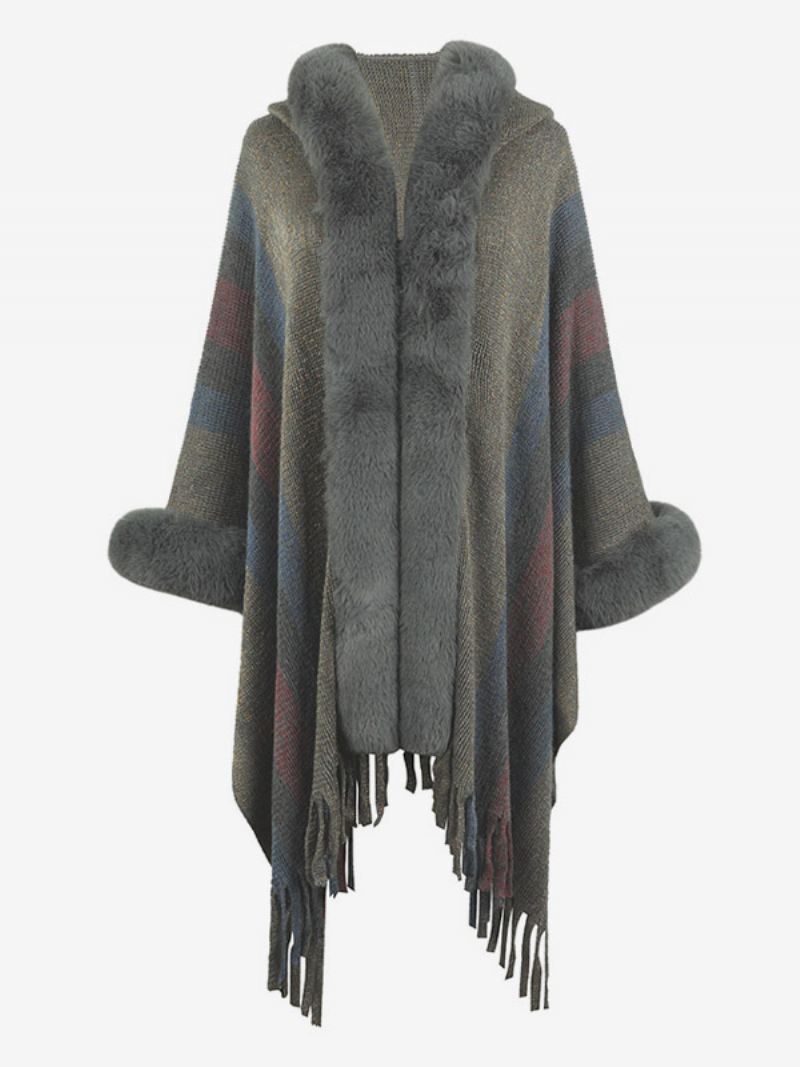 Damesponcho Met Capuchon Strepen Kwastjes Oversized Herfst-wintercape - Grijs