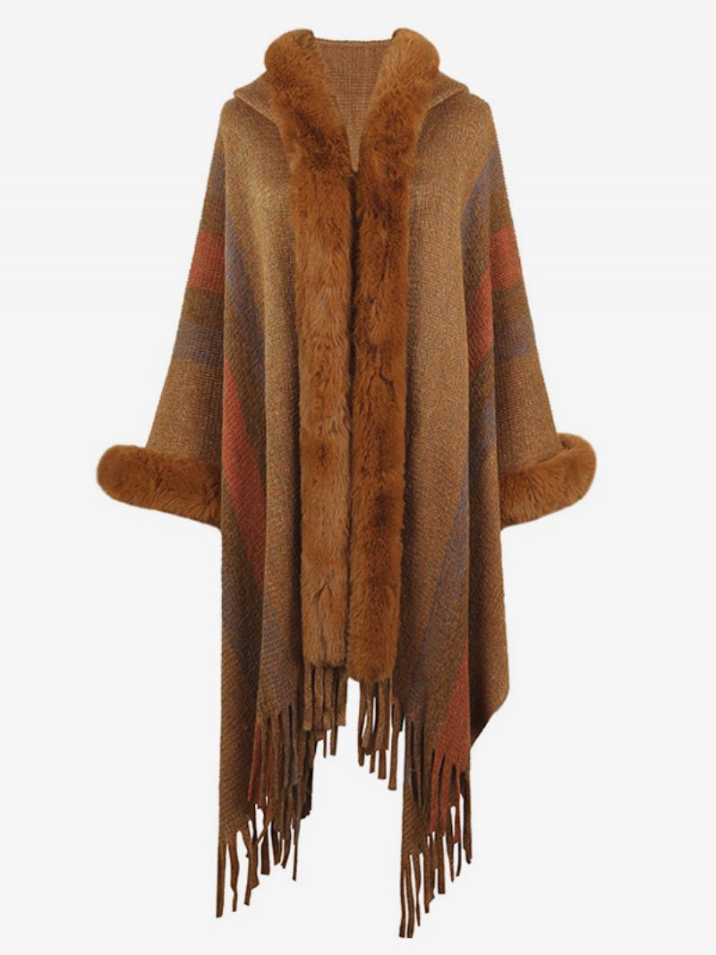 Damesponcho Met Capuchon Strepen Kwastjes Oversized Herfst-wintercape - Kaki