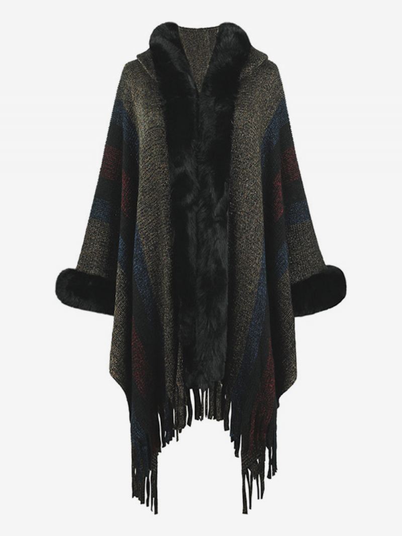 Damesponcho Met Capuchon Strepen Kwastjes Oversized Herfst-wintercape - Zwart