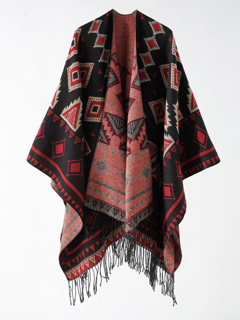 Damesponcho Met Geometrische Print Dagelijkse Casual Cape Franje - Rood