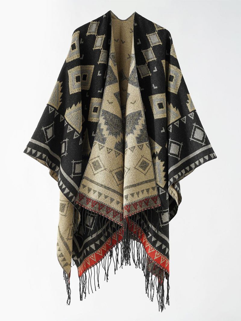 Damesponcho Met Geometrische Print Dagelijkse Casual Cape Franje - Koffiebruin