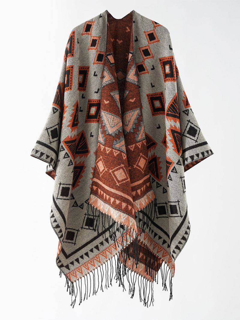 Damesponcho Met Geometrische Print Dagelijkse Casual Cape Franje - Grijs