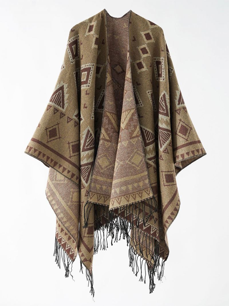 Damesponcho Met Geometrische Print Dagelijkse Casual Cape Franje - Camel