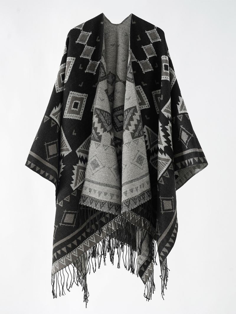 Damesponcho Met Geometrische Print Dagelijkse Casual Cape Franje - Zwart